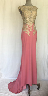 Couture Blush Pink Evening Gown with Gold Beaded Bodice & Sheer Illusion Neckline